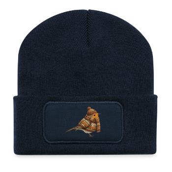 Rotkehlchen im Strickpullover Winter Weihnachten - Recycelte Patch Beanie - French Navy - Vorne
