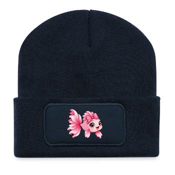 Kawaii Pink Fish mit Schleife und Herzen - Recycelte Patch Beanie - French Navy - Vorne