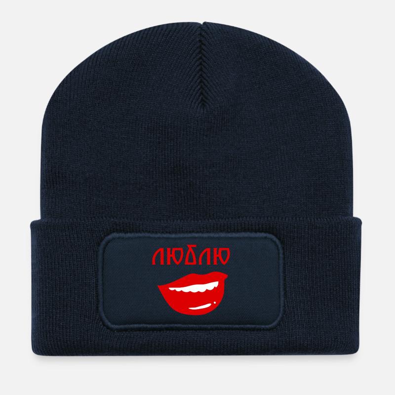 Lippen mit umgekehrtem Textdesign - Recycelte Patch Beanie - French Navy