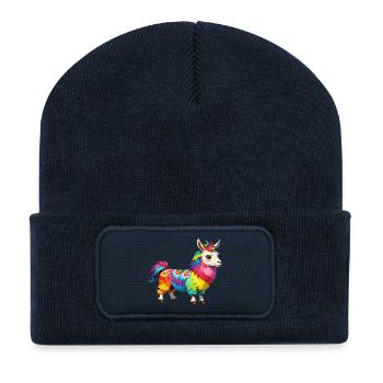 Lama de dessin animé coloré mignon - Beanie recyclé à patch - bleu marine - Devant