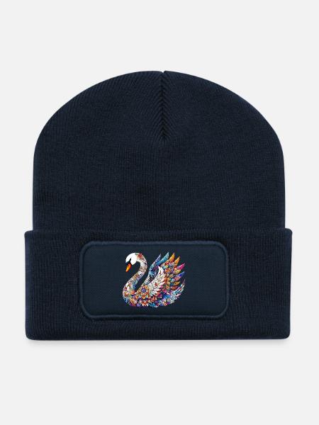 Schwan mit Mandalas verziert - Recycelte Patch Beanie - French Navy