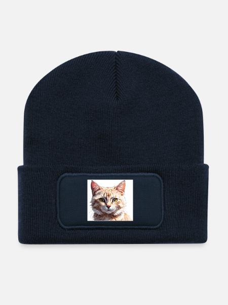 Orange Katzenporträt-Illustration - Recycelte Patch Beanie - French Navy