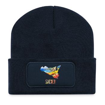 Aquarell Landkarte Sizilien - Recycelte Patch Beanie - French Navy - Vorne