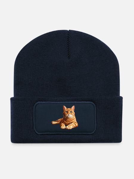 Realistisches orange getigertes Katzenporträt - Recycelte Patch Beanie - French Navy