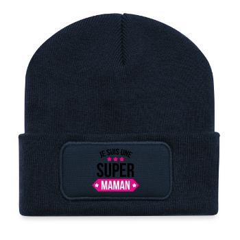Je suis une super maman - Beanie recyclé à patch - bleu marine - Devant