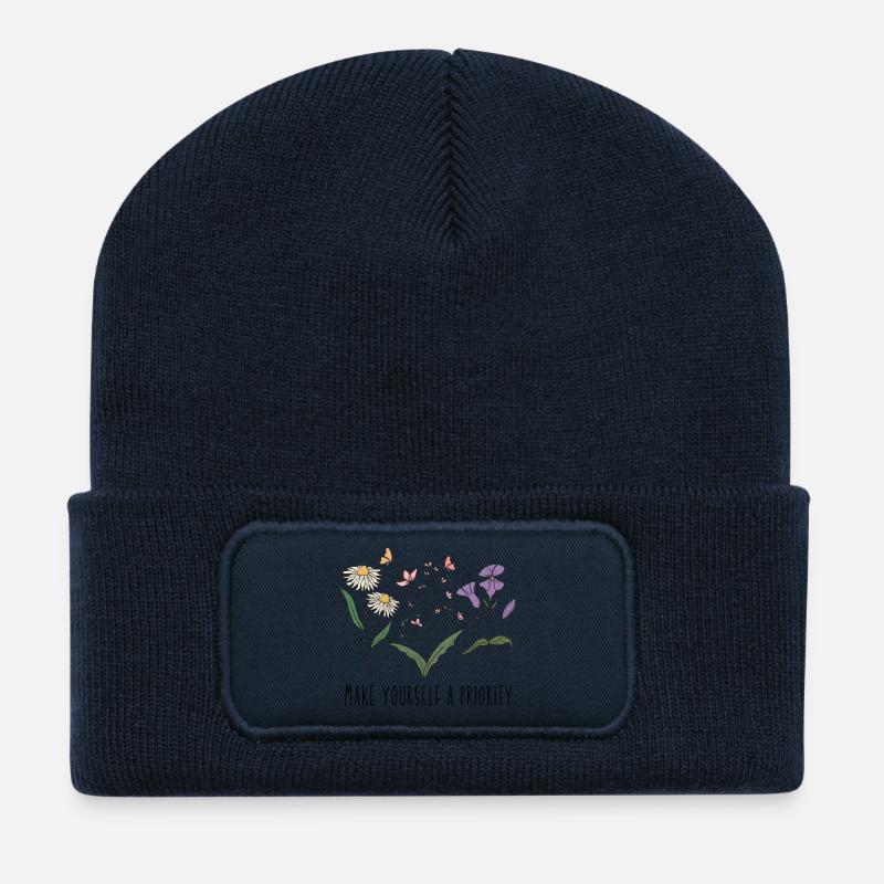 Fleurs sauvages vintage colorées avec Citation - Beanie recyclé à patch - bleu marine