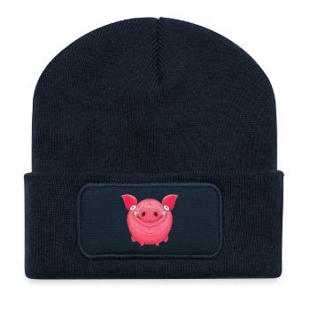 Cute Round Cartoon Piggy - Recycled Patch Beanie - french navy - Front