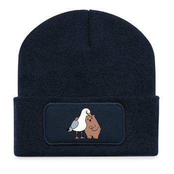 Mer du Nord Mouette Ours Brun Amitié Amour Maigre - Beanie recyclé à patch - bleu marine - Devant