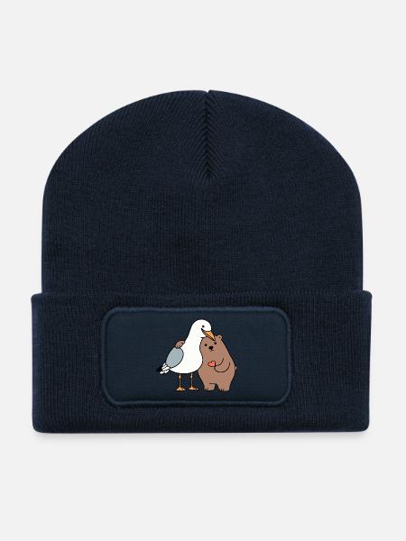 North Sea Seagull Brown Bear Friendship Love Lean - Recycled Patch Beanie - french navy