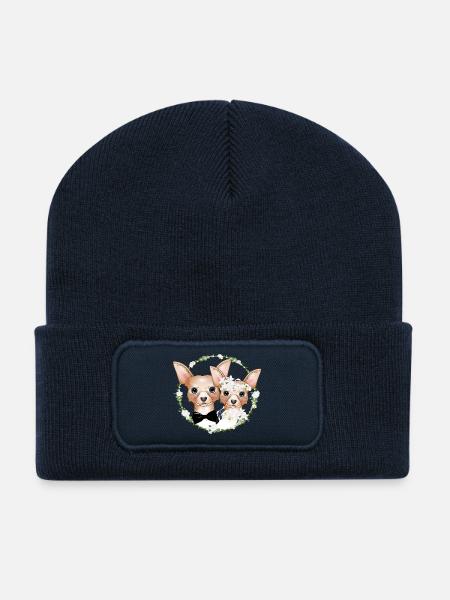 Mariés Chihuahua en look de mariage romantique - Beanie recyclé à patch - bleu marine