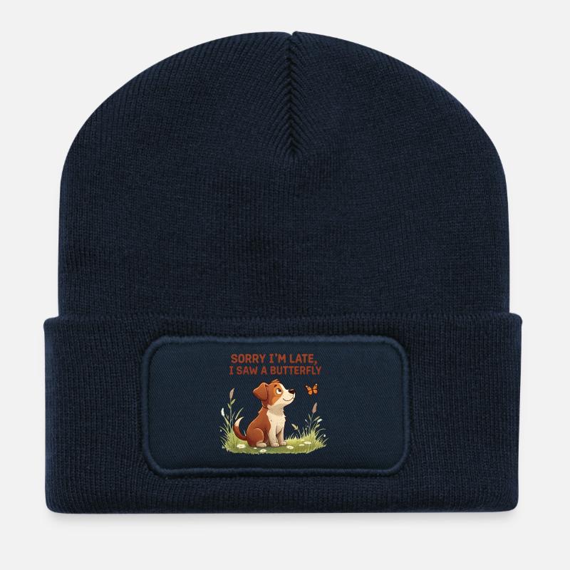 Humorous dog motif with butterfly - Recycled Patch Beanie - french navy