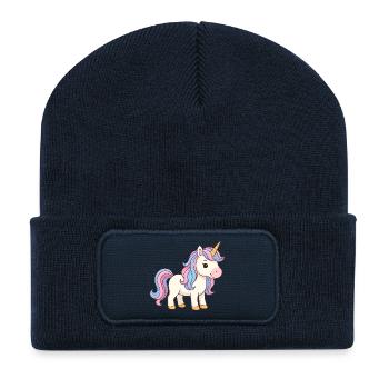 Pastellfarbenes Einhorn mit Regenbogenschopf - Recycelte Patch Beanie - French Navy - Vorne