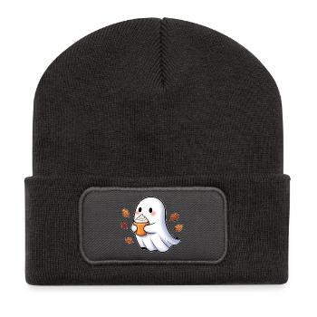 Niedlicher Geisterkuschler mit Herbstlaub - Recycelte Patch Beanie - Dunkelgrau - Vorne