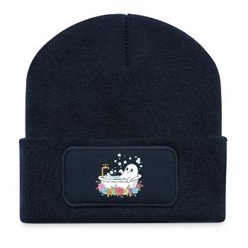Drôle de fantôme dans le bain de fleurs - Beanie recyclé à patch - bleu marine - Devant