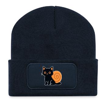 Katzensilhouette in Orange - Recycelte Patch Beanie - French Navy - Vorne