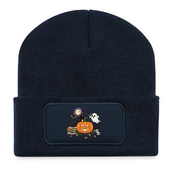 Halloween Kürbis Gespenst Gruselig - Recycelte Patch Beanie - French Navy - Vorne