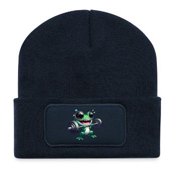 Frosch Fitness Hantel Workout Bodybuilding Gym - Recycelte Patch Beanie - French Navy - Vorne