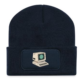 Retro smiley face on vintage computer - Recycled Patch Beanie - french navy - Front