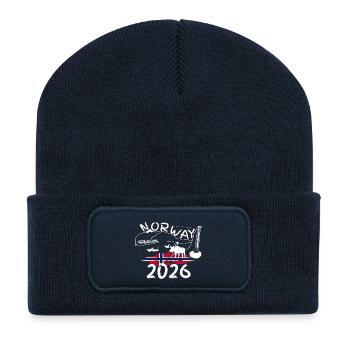 Norwegen 2026 Makrelen mit Bergen und Elch Angeln - Recycelte Patch Beanie - French Navy - Vorne
