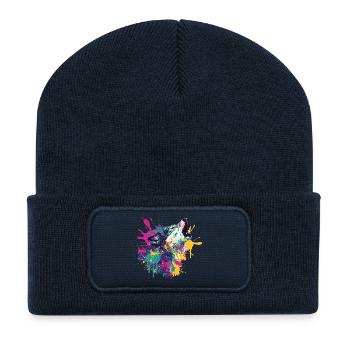 Wolf im Farbexplosion Stil - Recycelte Patch Beanie - French Navy - Vorne