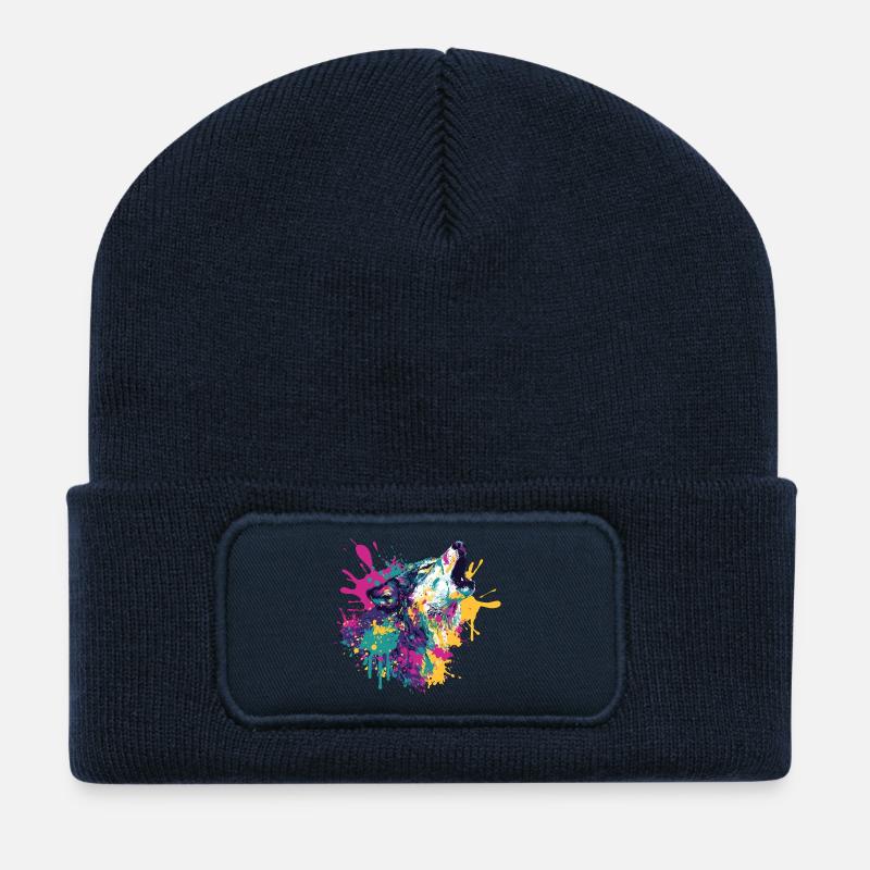 Wolf im Farbexplosion Stil - Recycelte Patch Beanie - French Navy