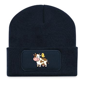 Cute Cow with Bird Friendship - Recycled Patch Beanie - french navy - Front