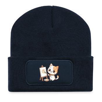 Kawaii Painter Cat on Pastel Palette - Recycled Patch Beanie - french navy - Front