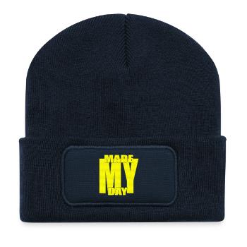 Made My Day Hard, Style Typographie Jaune Statement Art - Beanie recyclé à patch - bleu marine - Devant