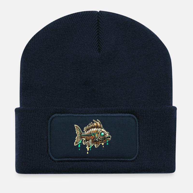 Poisson Steampunk cybernétique - Beanie recyclé à patch - bleu marine