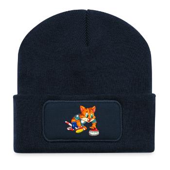 Cat Curling / Curling Player Cat - Recycled Patch Beanie - french navy - Front