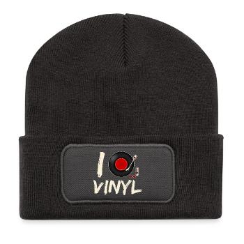 I Love Vinyl Record Player Design - Recycelte Patch Beanie - Dunkelgrau - Vorne