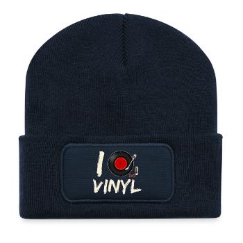 I Love Vinyl Record Player Design - Recycelte Patch Beanie - French Navy - Vorne