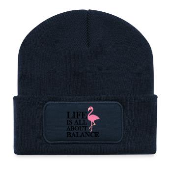 Das Leben dreht sich ganz um Gleichgewicht – Flamingo-Zitat - Recycelte Patch Beanie - French Navy - Vorne