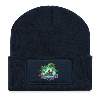 Tropische Insel Oase Palmen Farben - Recycelte Patch Beanie - French Navy - Vorne