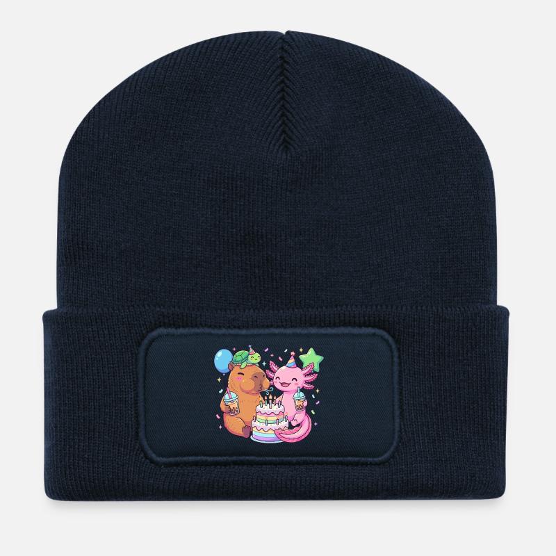 Capybara Axolotl Turtle Birthday Cake Party - Recycled Patch Beanie - french navy