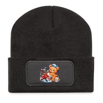 Kinder Shirt Bär putzt Dreirad Frühjahrsputz - Recycelte Patch Beanie - Dunkelgrau - Vorne
