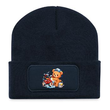 Nettoyage de tissues pour enfants Ours Tricycle Nettoyage de printemps - Beanie recyclé à patch - bleu marine - Devant