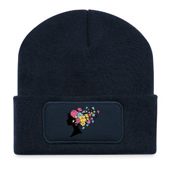 Tête de femme avec de longues fleurs, cheveux de papillon - Beanie recyclé à patch - bleu marine - Devant