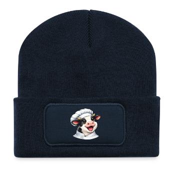 Mignonne Vache en dessin animé Cuisinier - Beanie recyclé à patch - bleu marine - Devant