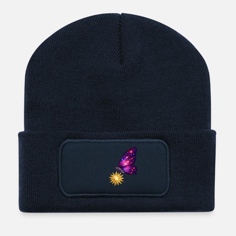 Goldene Sonne und Weltraum-Schmetterling. - Recycelte Patch Beanie - French Navy