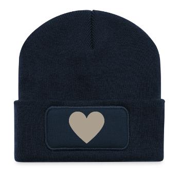 Beiges Herz - minimalistischer look - greige - Recycelte Patch Beanie - French Navy - Vorne