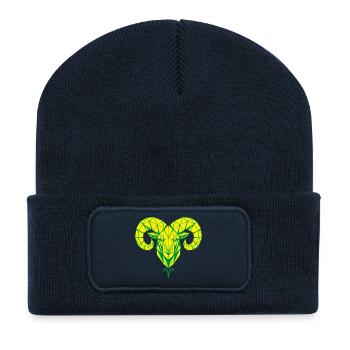 Geometrischer Widderkopf Gelbgrün - Recycelte Patch Beanie - French Navy - Vorne