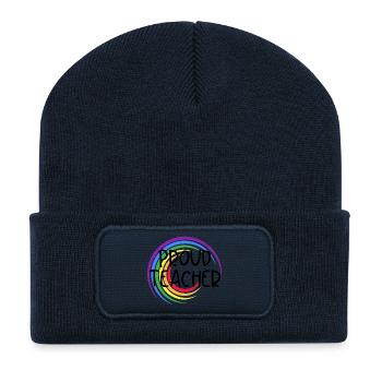 Proud Teacher LGBTQ Pride Rainbow Design - Recycled Patch Beanie - french navy - Front