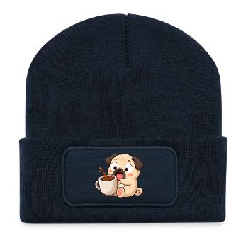 Süßer Mops Kaffee Kaffeeliebhaber Cartoon Lustig - Recycelte Patch Beanie - French Navy - Vorne