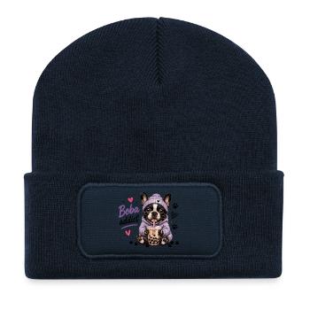 Boba Addict French Bulldog Bubble Tea - Recycled Patch Beanie - french navy - Front