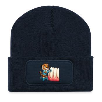 Tiger Brushing Teeth Cartoon - Recycled Patch Beanie - french navy - Front
