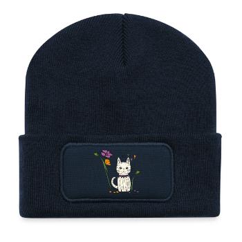 Chat aux fleurs - Beanie recyclé à patch - bleu marine - Devant