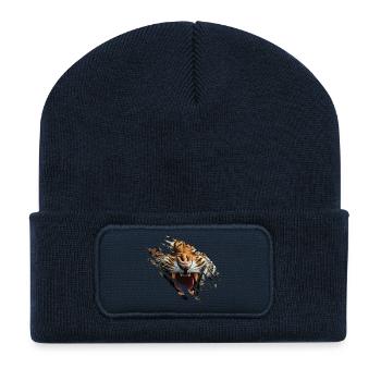 Tiger Katze Geschenkidee - Recycelte Patch Beanie - French Navy - Vorne