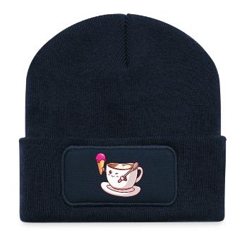 Kawaii-Kaffeekegel-Maskottchen - Recycelte Patch Beanie - French Navy - Vorne