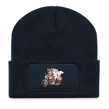 Just Married: Katzen auf Motorrad - Recycelte Patch Beanie - French Navy - Vorne